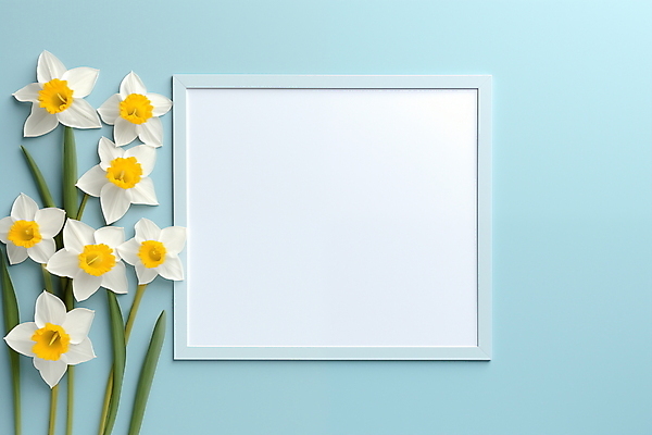 JPG 편집이미지 하늘색 액자 프레임 사람없음 장식 노란색 봄 화사함 수선화 카피스페이스 편집실사 AI포토 AI콘텐츠 계절 꽃 컬러 컨셉 파란색 공백 CG 파일형식