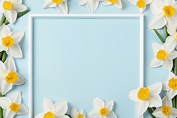 JPG 편집이미지 하늘색 액자 프레임 사람없음 장식 노란색 봄 화사함 수선화 카피스페이스 편집실사 AI포토 AI콘텐츠 계절 꽃 컬러 컨셉 파란색 공백 CG 파일형식