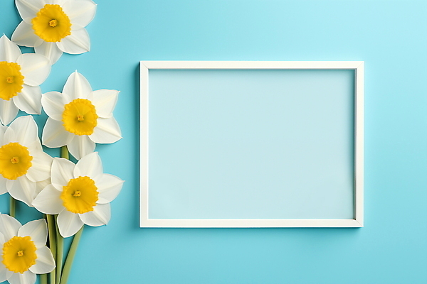 JPG 편집이미지 하늘색 액자 프레임 사람없음 장식 노란색 봄 화사함 수선화 카피스페이스 편집실사 AI포토 AI콘텐츠 계절 꽃 컬러 컨셉 파란색 공백 CG 파일형식