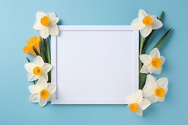 JPG 편집이미지 하늘색 액자 프레임 사람없음 장식 노란색 봄 화사함 수선화 카피스페이스 편집실사 AI포토 AI콘텐츠 계절 꽃 컬러 컨셉 파란색 공백 CG 파일형식