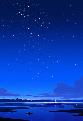 JPG 야경 일러스트 자연 밤하늘 휴식 해변 사람없음 여름 파란색 평화 신비 국내일러스트 AI일러스트 AI콘텐츠 계절 바다 컬러 컨셉 하늘 야간 생태계 파일형식 풍경_경치