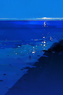 JPG 전신 물결 야경 일러스트 자연 밤하늘 한명 사람 여름 파란색 반사 평화 고요 사색 혼자 국내일러스트 AI일러스트 AI콘텐츠 1 계절 컬러 컨셉 생각 하늘 야간 생태계 파일형식 풍경_경치