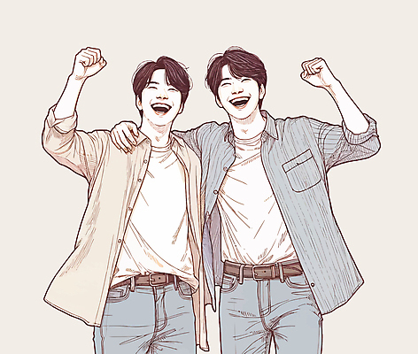 남자 일러스트 어깨동무 미소 상반신 성인 두명 청춘 손들기 파이팅 주먹 베이지색 성인남자만 어깨에손 국내일러스트 AI파일 컬러 포즈 컨셉 모션 표정 사람 남자만 성인만 파일형식 벡터