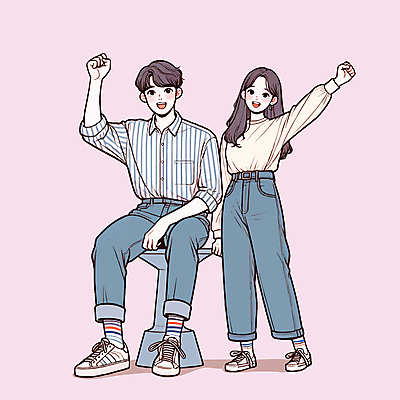 전신 여자 남자 분홍색 의자 일러스트 미소 앉기 성인 두명 청춘 손들기 파이팅 주먹 성인만 국내일러스트 AI파일 컬러 가구 컨셉 모션 표정 사람 파일형식 벡터