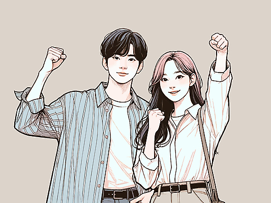 여자 남자 가방 일러스트 미소 상반신 성인 두명 청춘 손들기 파이팅 주먹 베이지색 성인만 국내일러스트 AI파일 잡화 컬러 컨셉 모션 표정 사람 파일형식 벡터