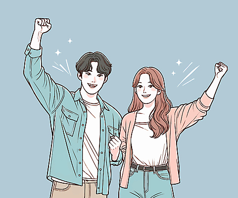 여자 남자 일러스트 미소 상반신 성인 두명 파란색 반짝임 청춘 손들기 파이팅 주먹 성인만 국내일러스트 AI파일 컬러 컨셉 모션 표정 사람 파일형식 벡터