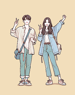 전신 여자 남자 가방 일러스트 미소 성인 두명 청춘 노란색 손들기 파이팅 주먹 브이 성인만 국내일러스트 AI파일 잡화 컬러 컨셉 모션 표정 사람 손짓 파일형식 벡터