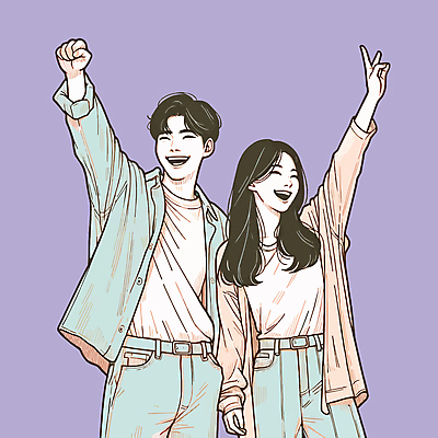 여자 남자 일러스트 미소 상반신 성인 두명 청춘 손들기 보라색 파이팅 주먹 브이 성인만 국내일러스트 AI파일 컬러 컨셉 모션 표정 사람 손짓 파일형식 벡터