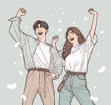 여자 남자 일러스트 미소 상반신 성인 두명 초록색 청춘 손들기 파이팅 주먹 주머니손 성인만 국내일러스트 AI파일 컬러 컨셉 모션 표정 사람 파일형식 벡터