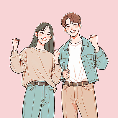 여자 남자 분홍색 일러스트 미소 상반신 성인 두명 청춘 손들기 파이팅 주먹 성인만 국내일러스트 AI파일 컬러 컨셉 모션 표정 사람 파일형식 벡터