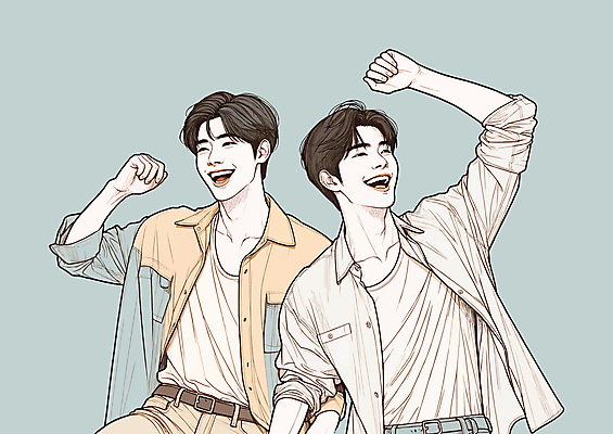 남자 일러스트 미소 상반신 성인 두명 파란색 청춘 손들기 파이팅 주먹 성인남자만 국내일러스트 AI파일 컬러 컨셉 모션 표정 사람 남자만 성인만 파일형식 벡터