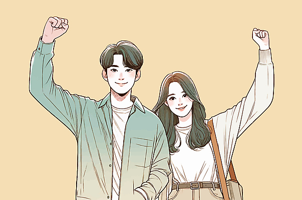 여자 남자 가방 일러스트 미소 상반신 성인 두명 청춘 노란색 손들기 파이팅 주먹 주머니손 성인만 국내일러스트 AI파일 잡화 컬러 컨셉 모션 표정 사람 파일형식 벡터