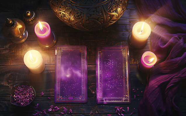 JPG 편집이미지 꽃 초 촛불 사람없음 보라색 마술 점 병 신비 천 디지털합성 나무바닥 마법 타로 편집실사 AI포토 AI콘텐츠 식물 식기 컬러 컨셉 바닥 직물 트럼프 CG 파일형식