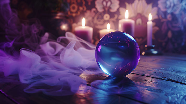 JPG 편집이미지 문양 초 촛불 사람없음 보라색 마술 점 연기 신비 디지털합성 나무바닥 마법 수정구슬 타로 편집실사 AI포토 AI콘텐츠 컬러 컨셉 바닥 트럼프 CG 마술도구 파일형식