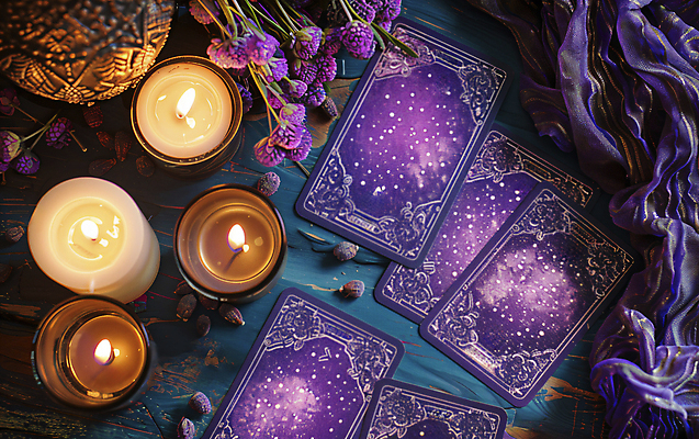 JPG 편집이미지 꽃 초 촛불 사람없음 보라색 마술 점 신비 천 디지털합성 나무바닥 마법 타로 편집실사 AI포토 AI콘텐츠 식물 컬러 컨셉 바닥 직물 트럼프 CG 파일형식