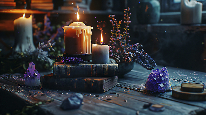 JPG 편집이미지 화초 초 촛불 책장 사람없음 책 보라색 마술 점 신비 책상 디지털합성 마법 자수정 타로 편집실사 AI포토 AI콘텐츠 식물 컬러 가구 컨셉 트럼프 보석 CG 파일형식