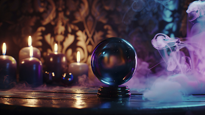 JPG 편집이미지 문양 초 촛불 사람없음 보라색 마술 점 연기 신비 받침대 책상 디지털합성 마법 수정구슬 타로 편집실사 AI포토 AI콘텐츠 컬러 가구 컨셉 트럼프 CG 마술도구 파일형식