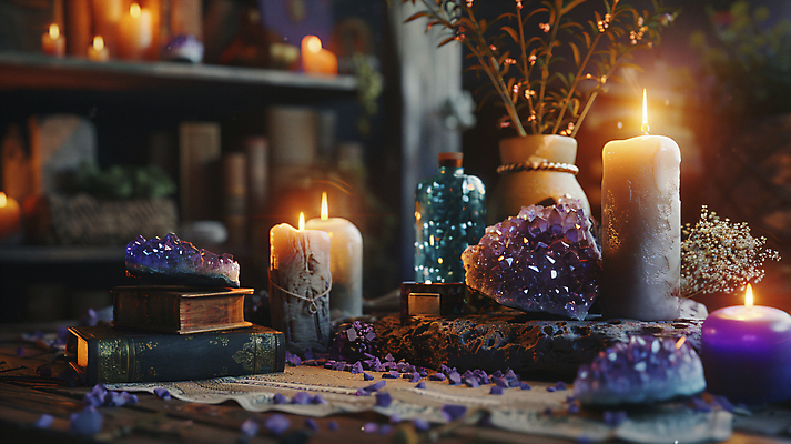 JPG 편집이미지 화분 화초 초 촛불 책장 사람없음 책 보라색 마술 점 병 신비 책상 디지털합성 마법 자수정 타로 편집실사 AI포토 AI콘텐츠 식물 식기 컬러 가구 컨셉 트럼프 보석 CG 파일형식