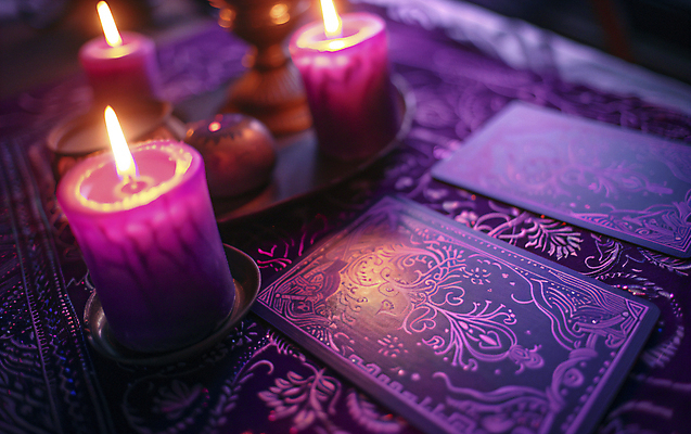 JPG 편집이미지 문양 초 촛불 사람없음 보라색 마술 점 신비 디지털합성 마법 타로 편집실사 AI포토 AI콘텐츠 컬러 컨셉 트럼프 CG 파일형식