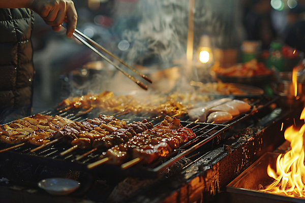 JPG 편집이미지 손 음식 불 거리 집게 육류 신체부위 꼬치 연기 그릴 굽기 디지털합성 야시장 포장마차 편집실사 AI인물포토 AI콘텐츠 자연요소 식재료 주방용품 사람 식당 시장 구이 CG 파일형식 AI포토