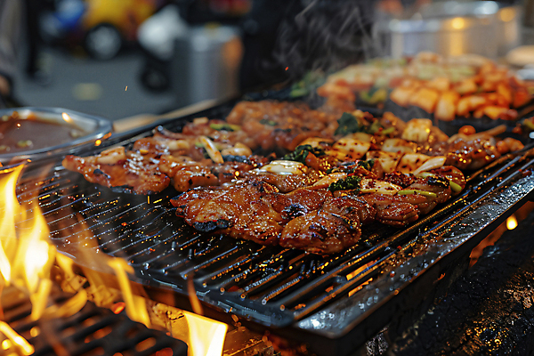 JPG 편집이미지 음식 불 김치 거리 사람없음 그릴 굽기 디지털합성 닭갈비 야시장 포장마차 편집실사 AI포토 AI콘텐츠 자연요소 한식 주방용품 식당 닭고기 시장 구이 CG 닭고기요리 파일형식