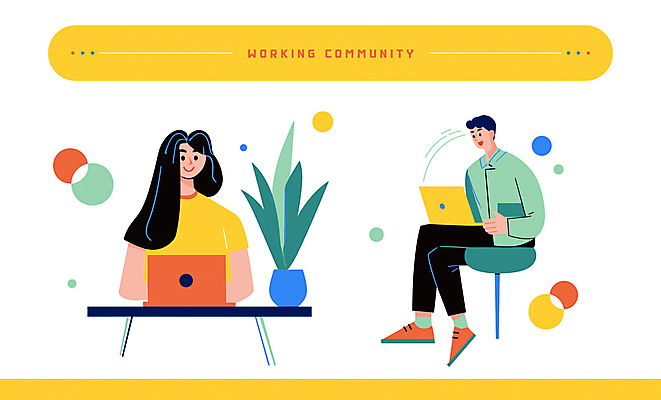 전신 여자 남자 화분 잎 의자 일러스트 비즈니스 함께함 앉기 상반신 성인 두명 캐주얼 노트북 노란색 업무 직장인 원형 책상 창업 커뮤니티 성인만 국내일러스트 AI파일 도형 식물 직업 옷 컬러 가구 컨셉 모션 사람 전자제품 작업 자영업 파일형식 벡터