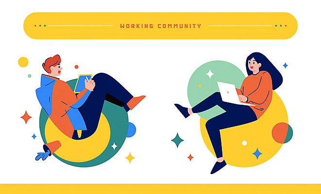 전신 여자 남자 화분 잎 일러스트 비즈니스 함께함 대화 미소 들기 앉기 성인 두명 캐주얼 노트북 반짝임 태블릿 노란색 업무 직장인 원형 창업 커뮤니티 성인만 태블릿펜 국내일러스트 AI파일 도형 식물 직업 옷 컬러 컨셉 모션 표정 말하기 사람 전자제품 스마트기기 펜 작업 자영업 파일형식 벡터