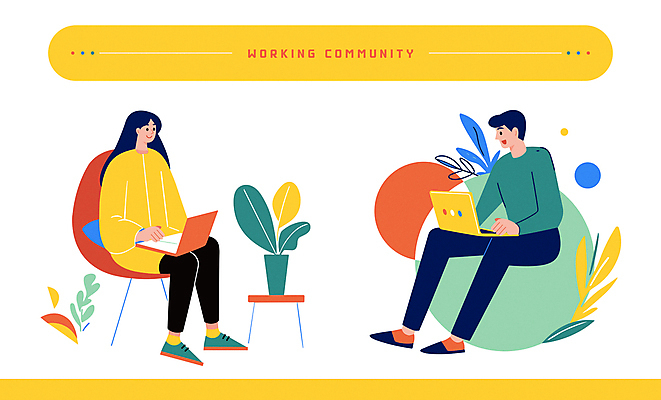 전신 여자 남자 화분 잎 의자 일러스트 비즈니스 탁자 함께함 대화 미소 앉기 성인 두명 캐주얼 노트북 노란색 업무 직장인 원형 창업 커뮤니티 성인만 국내일러스트 AI파일 도형 식물 직업 옷 컬러 가구 컨셉 모션 표정 말하기 사람 전자제품 작업 자영업 파일형식 벡터