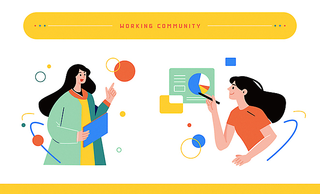 전신 여자 일러스트 비즈니스 그래프 함께함 들기 상반신 성인 두명 캐주얼 태블릿 노란색 가리킴 업무 직장인 원형 발표 창업 커뮤니티 성인여자만 태블릿펜 국내일러스트 AI파일 도형 직업 옷 컬러 컨셉 모션 사람 손짓 전자제품 스마트기기 펜 작업 자영업 여자만 성인만 파일형식 벡터