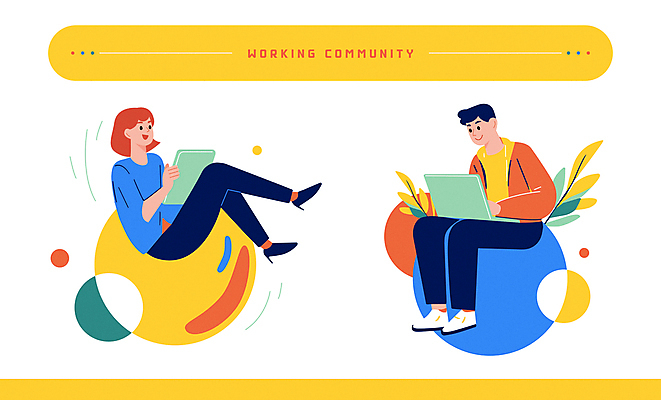 전신 여자 남자 잎 일러스트 비즈니스 함께함 대화 미소 앉기 성인 두명 캐주얼 노트북 태블릿 노란색 업무 직장인 원형 창업 커뮤니티 성인만 국내일러스트 AI파일 도형 식물 직업 옷 컬러 컨셉 모션 표정 말하기 사람 전자제품 스마트기기 작업 자영업 파일형식 벡터