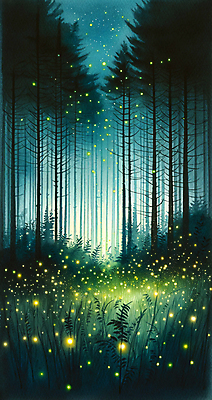 JPG 나무 야경 일러스트 하늘 수채화 사람없음 초록색 빛 숲속 반딧불이 야행 국내일러스트 AI일러스트 AI콘텐츠 식물 컬러 곤충 야간 숲 파일형식 풍경_경치