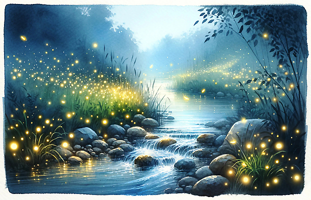 JPG 나무 야경 일러스트 하늘 수채화 사람없음 초록색 빛 개울 숲속 반딧불이 야행 국내일러스트 AI일러스트 AI콘텐츠 식물 컬러 곤충 강 야간 숲 파일형식 풍경_경치