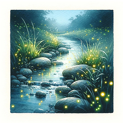 JPG 나무 야경 일러스트 하늘 수채화 사람없음 초록색 빛 개울 숲속 반딧불이 야행 국내일러스트 AI일러스트 AI콘텐츠 식물 컬러 곤충 강 야간 숲 파일형식 풍경_경치