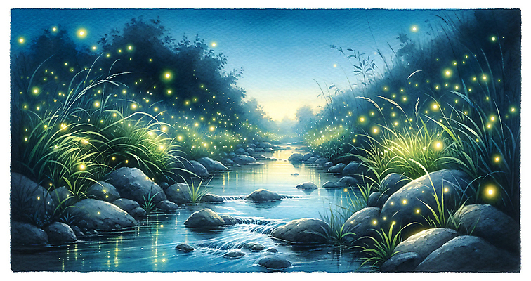 JPG 나무 야경 일러스트 하늘 수채화 사람없음 초록색 빛 개울 숲속 반딧불이 야행 국내일러스트 AI일러스트 AI콘텐츠 식물 컬러 곤충 강 야간 숲 파일형식 풍경_경치