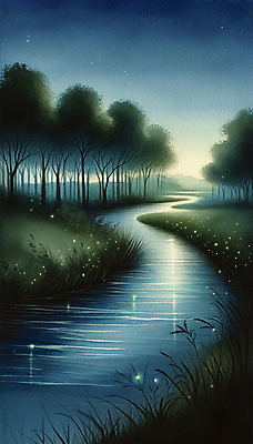 JPG 나무 야경 일러스트 하늘 수채화 사람없음 초록색 빛 개울 숲속 반딧불이 야행 국내일러스트 AI일러스트 AI콘텐츠 식물 컬러 곤충 강 야간 숲 파일형식 풍경_경치