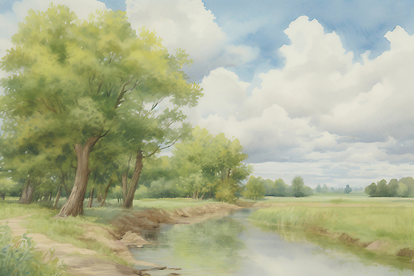 JPG 나무 구름 일러스트 하늘 수채화 초원 사람없음 여름풍경 물가 개울 분위기 국내일러스트 AI일러스트 AI콘텐츠 자연요소 식물 컨셉 풍경 강 파일형식 여름_계절