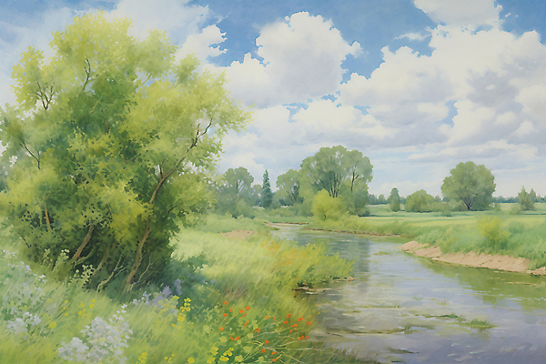 JPG 나무 구름 일러스트 하늘 수채화 초원 사람없음 여름풍경 들꽃 물가 개울 분위기 국내일러스트 AI일러스트 AI콘텐츠 자연요소 식물 꽃 컨셉 풍경 강 파일형식 여름_계절