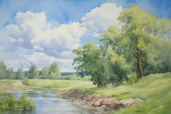 JPG 나무 구름 일러스트 하늘 수채화 초원 사람없음 여름풍경 물가 개울 분위기 국내일러스트 AI일러스트 AI콘텐츠 자연요소 식물 컨셉 풍경 강 파일형식 여름_계절