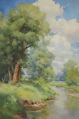 JPG 나무 구름 일러스트 하늘 수채화 초원 사람없음 여름풍경 물가 개울 분위기 국내일러스트 AI일러스트 AI콘텐츠 자연요소 식물 컨셉 풍경 강 파일형식 여름_계절