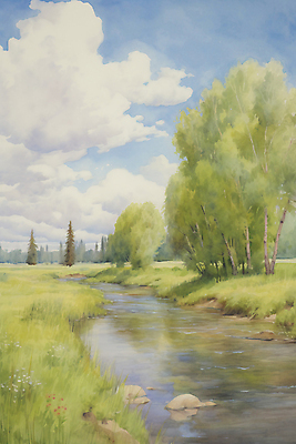 JPG 나무 구름 일러스트 하늘 수채화 초원 사람없음 여름풍경 물가 개울 분위기 국내일러스트 AI일러스트 AI콘텐츠 자연요소 식물 컨셉 풍경 강 파일형식 여름_계절