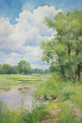 JPG 나무 구름 일러스트 하늘 수채화 초원 사람없음 여름풍경 들꽃 분위기 국내일러스트 AI일러스트 AI콘텐츠 자연요소 식물 꽃 컨셉 풍경 파일형식 여름_계절