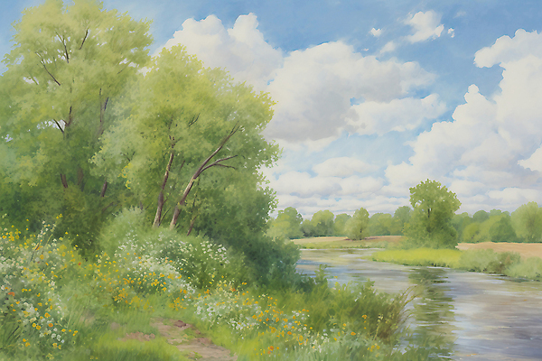 JPG 나무 구름 일러스트 하늘 수채화 초원 사람없음 여름풍경 들꽃 분위기 국내일러스트 AI일러스트 AI콘텐츠 자연요소 식물 꽃 컨셉 풍경 파일형식 여름_계절