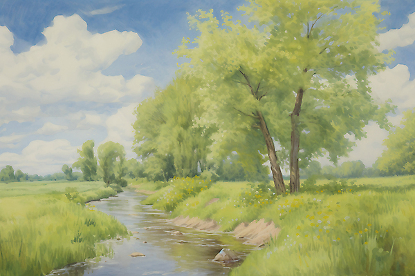 JPG 나무 구름 일러스트 하늘 수채화 초원 사람없음 여름풍경 물가 개울 분위기 국내일러스트 AI일러스트 AI콘텐츠 자연요소 식물 컨셉 풍경 강 파일형식 여름_계절