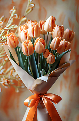JPG 편집이미지 리본 부케 백그라운드 선물 사람없음 주황색 튤립 축하 디지털합성 감사 싱그러움 편집소스 세련 편집실사 AI포토 AI콘텐츠 꽃 감정 컬러 꽃다발 컨셉 CG 파일형식