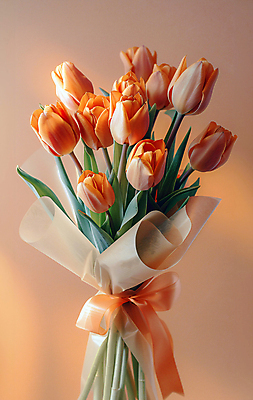 JPG 편집이미지 리본 부케 백그라운드 선물 사람없음 주황색 튤립 축하 디지털합성 감사 싱그러움 편집소스 세련 편집실사 AI포토 AI콘텐츠 꽃 감정 컬러 꽃다발 컨셉 CG 파일형식