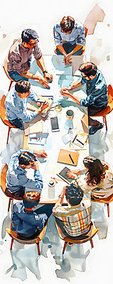 JPG 여자 남자 일러스트 비즈니스 탁자 회의 커뮤니케이션 협력 여러명 성인 노트북 하이앵글 계획 토론 디지털합성 전략 성인만 브레인스토밍 국내일러스트 AI일러스트 AI콘텐츠 뷰포인트 가구 다수 컨셉 사람 전자제품 파일형식