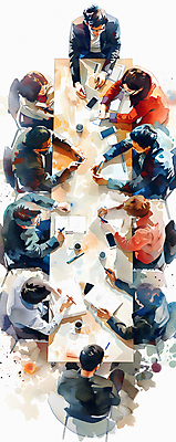 JPG 여자 남자 일러스트 비즈니스 탁자 회의 커뮤니케이션 협력 여러명 성인 노트북 하이앵글 계획 토론 디지털합성 전략 성인만 브레인스토밍 국내일러스트 AI일러스트 AI콘텐츠 뷰포인트 가구 다수 컨셉 사람 전자제품 파일형식