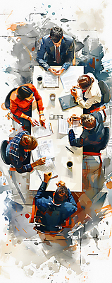 JPG 여자 남자 일러스트 비즈니스 탁자 회의 커뮤니케이션 협력 여러명 성인 노트북 하이앵글 계획 토론 디지털합성 전략 성인만 브레인스토밍 국내일러스트 AI일러스트 AI콘텐츠 뷰포인트 가구 다수 컨셉 사람 전자제품 파일형식