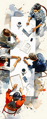 JPG 여자 남자 일러스트 비즈니스 탁자 회의 커뮤니케이션 협력 여러명 성인 노트북 하이앵글 계획 토론 디지털합성 전략 성인만 브레인스토밍 국내일러스트 AI일러스트 AI콘텐츠 뷰포인트 가구 다수 컨셉 사람 전자제품 파일형식