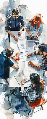 JPG 여자 남자 일러스트 비즈니스 탁자 회의 커뮤니케이션 협력 여러명 성인 노트북 하이앵글 계획 토론 디지털합성 전략 성인만 브레인스토밍 국내일러스트 AI일러스트 AI콘텐츠 뷰포인트 가구 다수 컨셉 사람 전자제품 파일형식